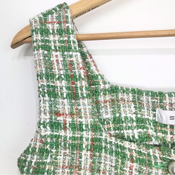 Storets DIANA Green White Plaid Tweed Pearl Button Crop Tank - Picture 3 of 11